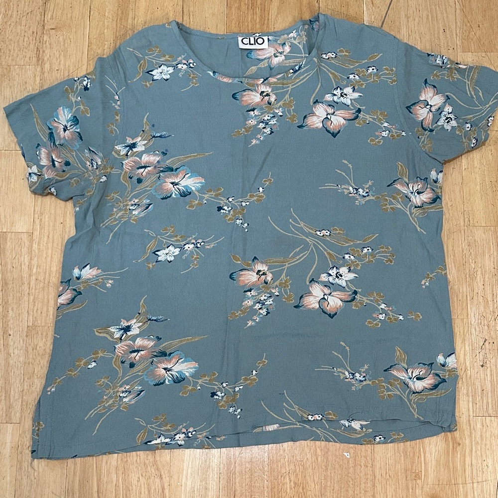 Vintage Clio Dusty Teal Floral Short Sleeve Blouse - Large